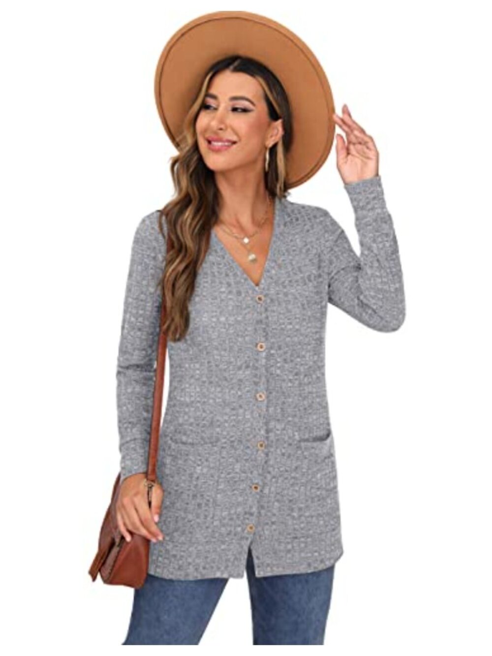 Open Front Button Down Ribbed Knit Cardigan with Pockets Lightweight - Picture 3 of 5